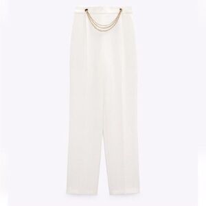 Zara White Trousers with Gold Chain Hi-Rise Elegant Pants NWT Tailored Sz Large